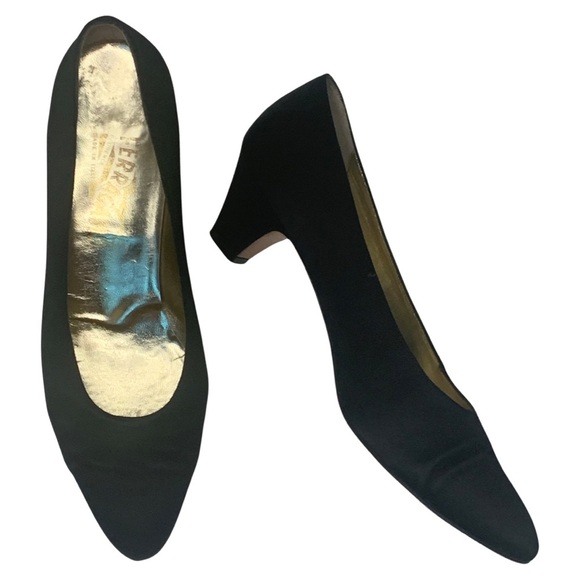 FERRAGAMO Vintage Satin Block Heel Pumps Black 2” Classic Formal - Picture 1 of 16